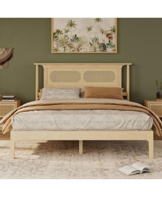 Queen Pine Wood Bed with Rattan Headboard