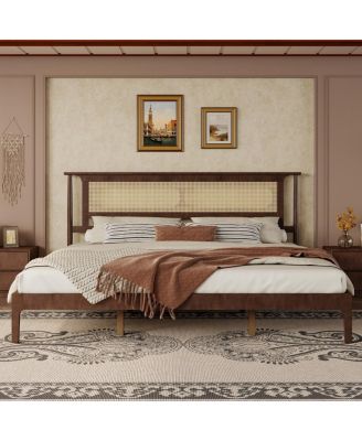 King Size Solid Pine Wood Bed with Rattan Headboard