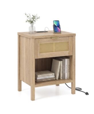 Rattan Nightstand with Charging Station and Storage Shelf for Bedroom Oak