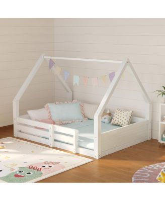 Full Size Wooden House Bed with Roof, Fence and Grooved Panel