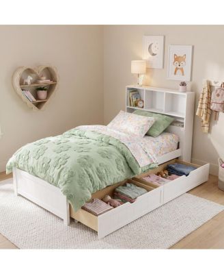 Twin Wood Platform Bed with Bookcase Headboard, Charging Station and 2 Drawers