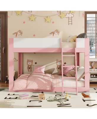  Queen Size Wooden Low Bunk Bed with Ladder and Guardrails