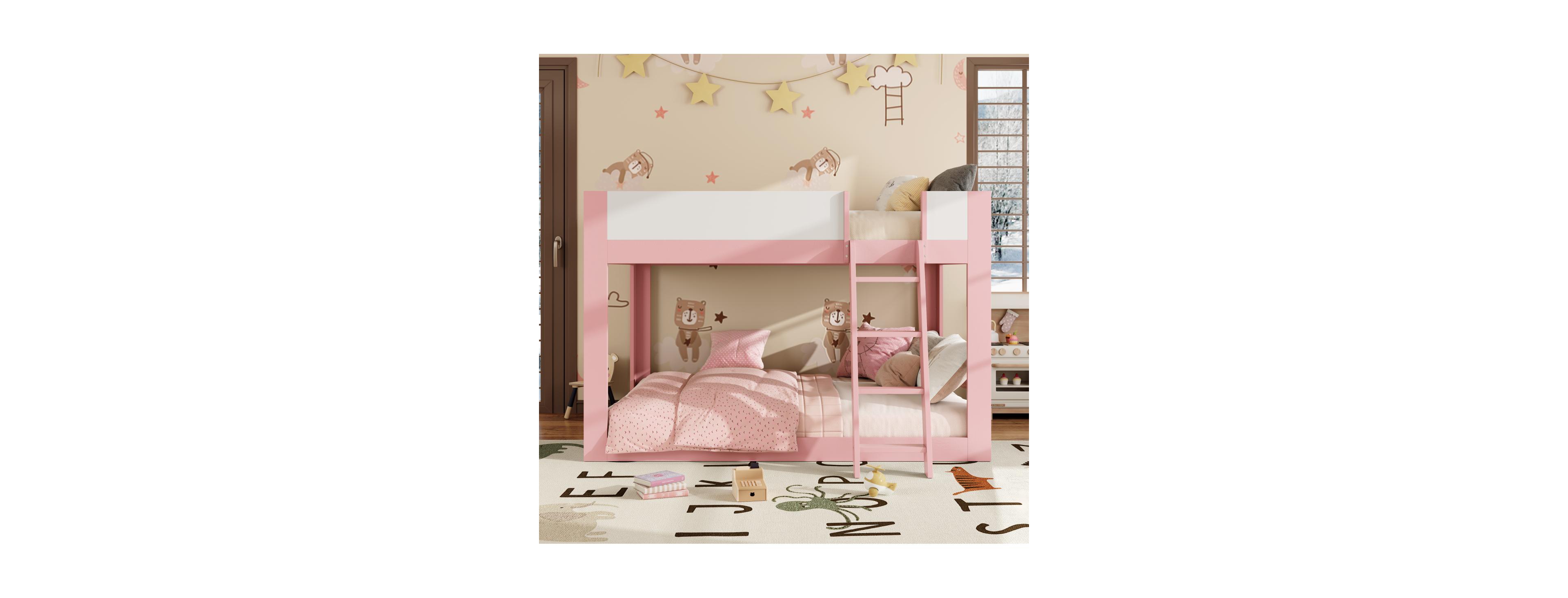 Streamdale Furniture Queen Size Wooden Low Bunk Bed with Ladder and Guardrails
