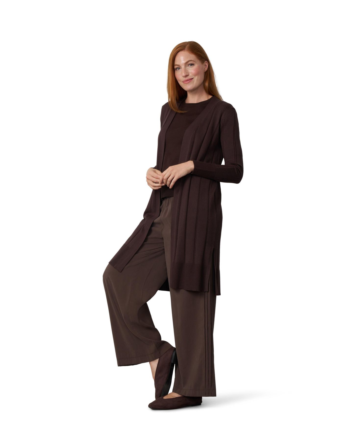 Женский кардиган Cable & Gauge Cable-Knit Longline Open-Front Duster, цвет: Шоколадный — фото 2