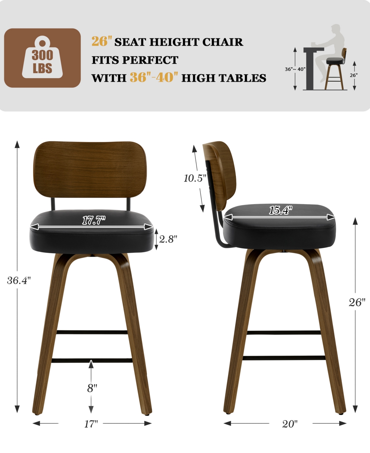 Bekrvio 26" Swivel Bar Stool, Faux Leather with Bentwood Frame and Footrest, Counter Height for Kitchen Island