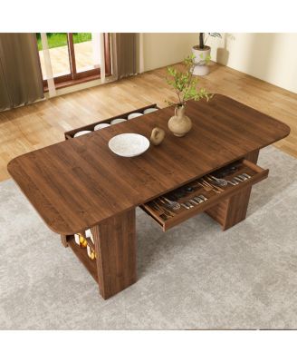 70.87" Mid-Century Modern Walnut Dining Table with Drawers and Storage