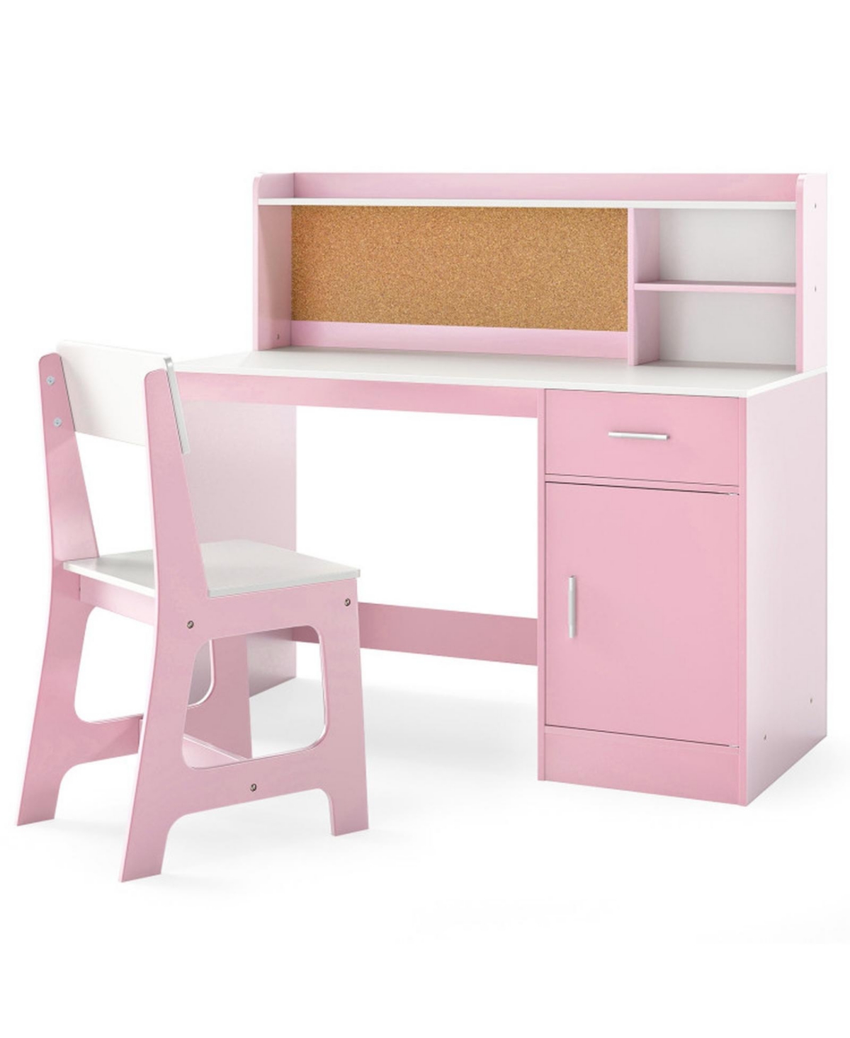 Gouun Kids Study Desk and Chair Set with Cabinet and Bulletin Board - White  pink