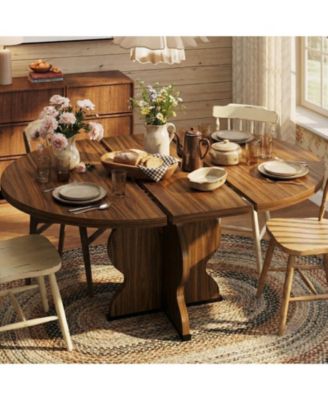 Extendable Dining Table for 4 8, Farmhouse Round Oval Wooden Kitchen Table with Wavy Pedestal Base for Kitchen, Dining Room, Apartment