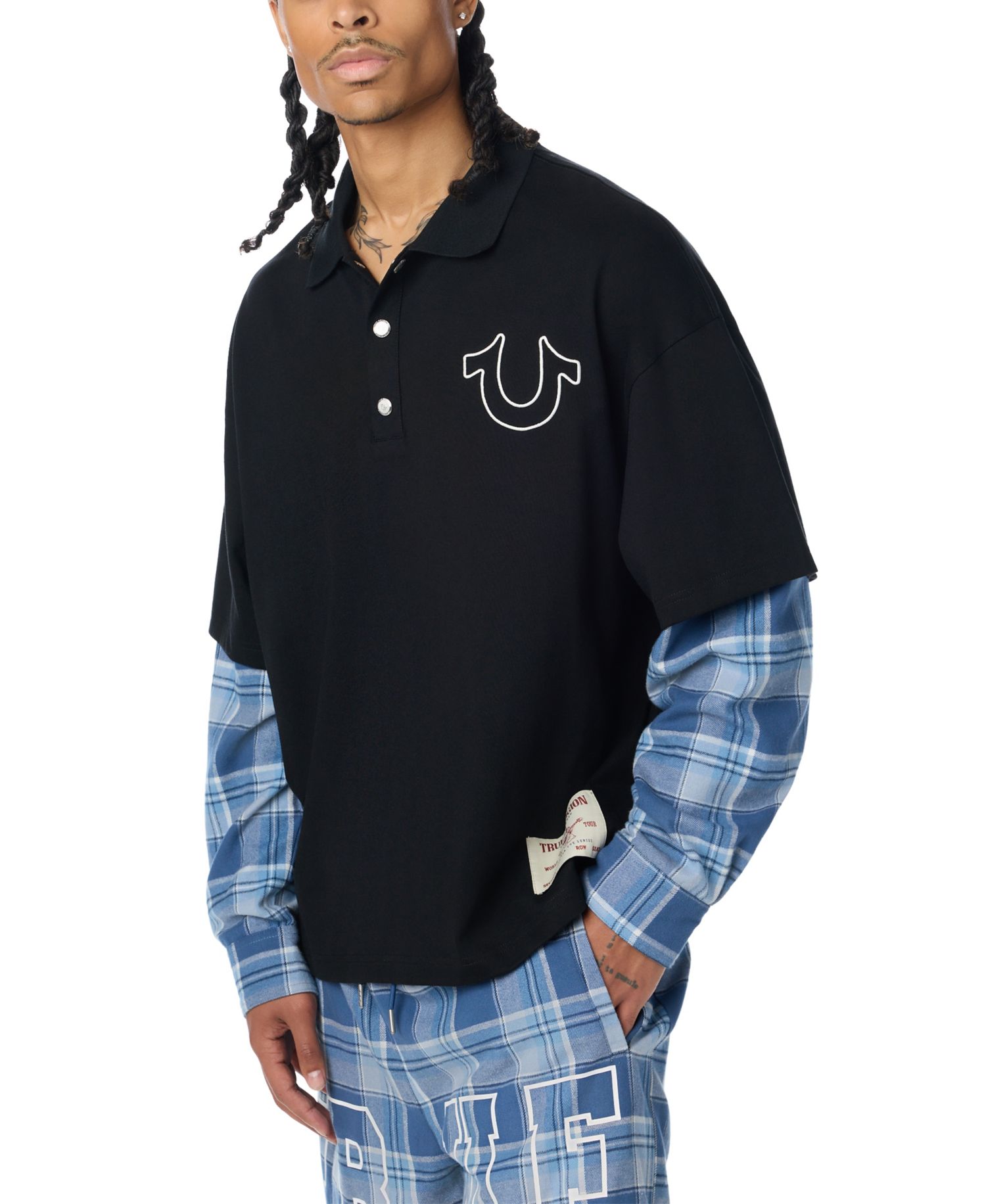 Men's Two-For-One Flannel-Sleeve Polo Shirt