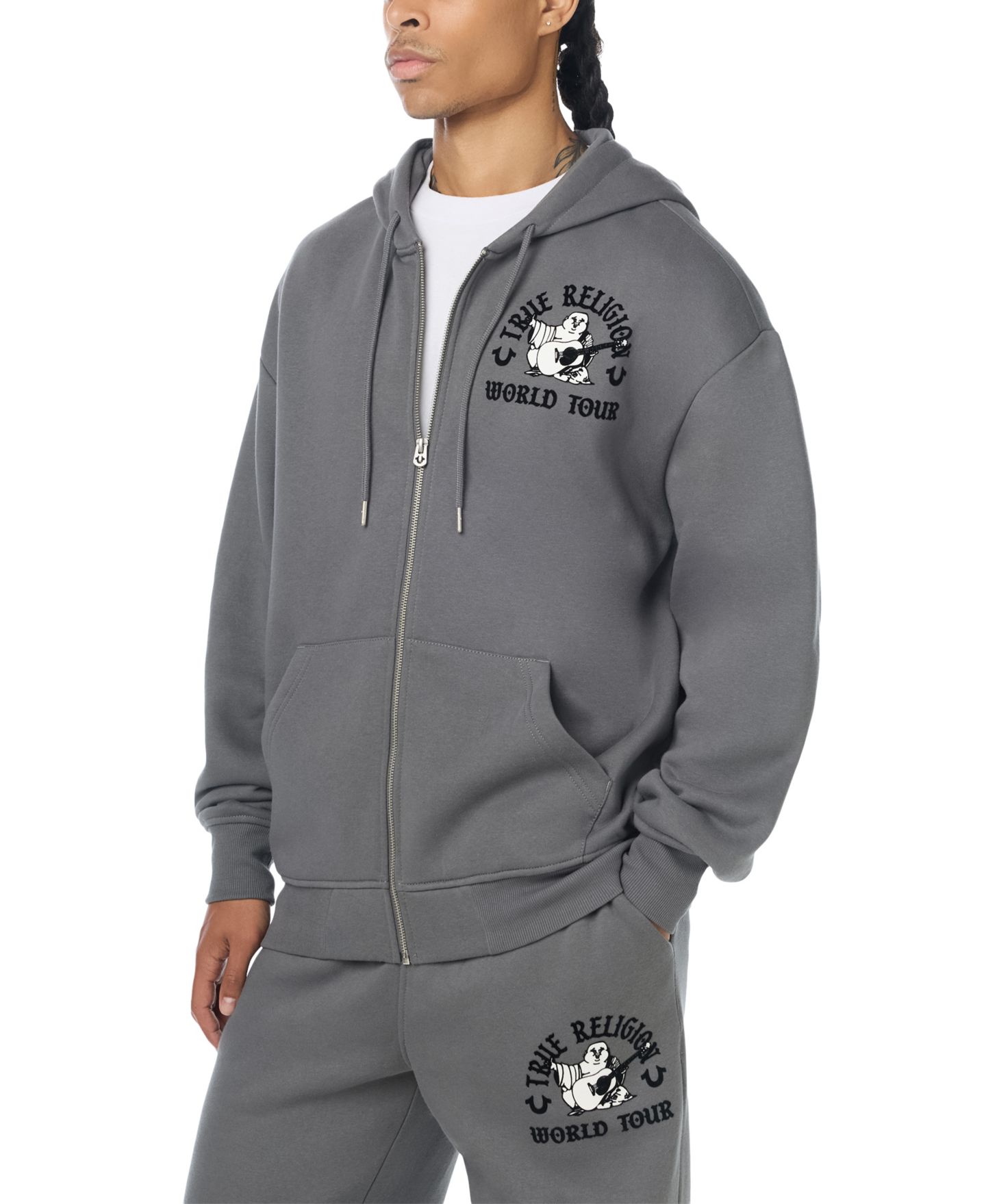 Мужское флисовое худи True Religion с принтом Buddha на молнии, цвет: Серый — фото 3