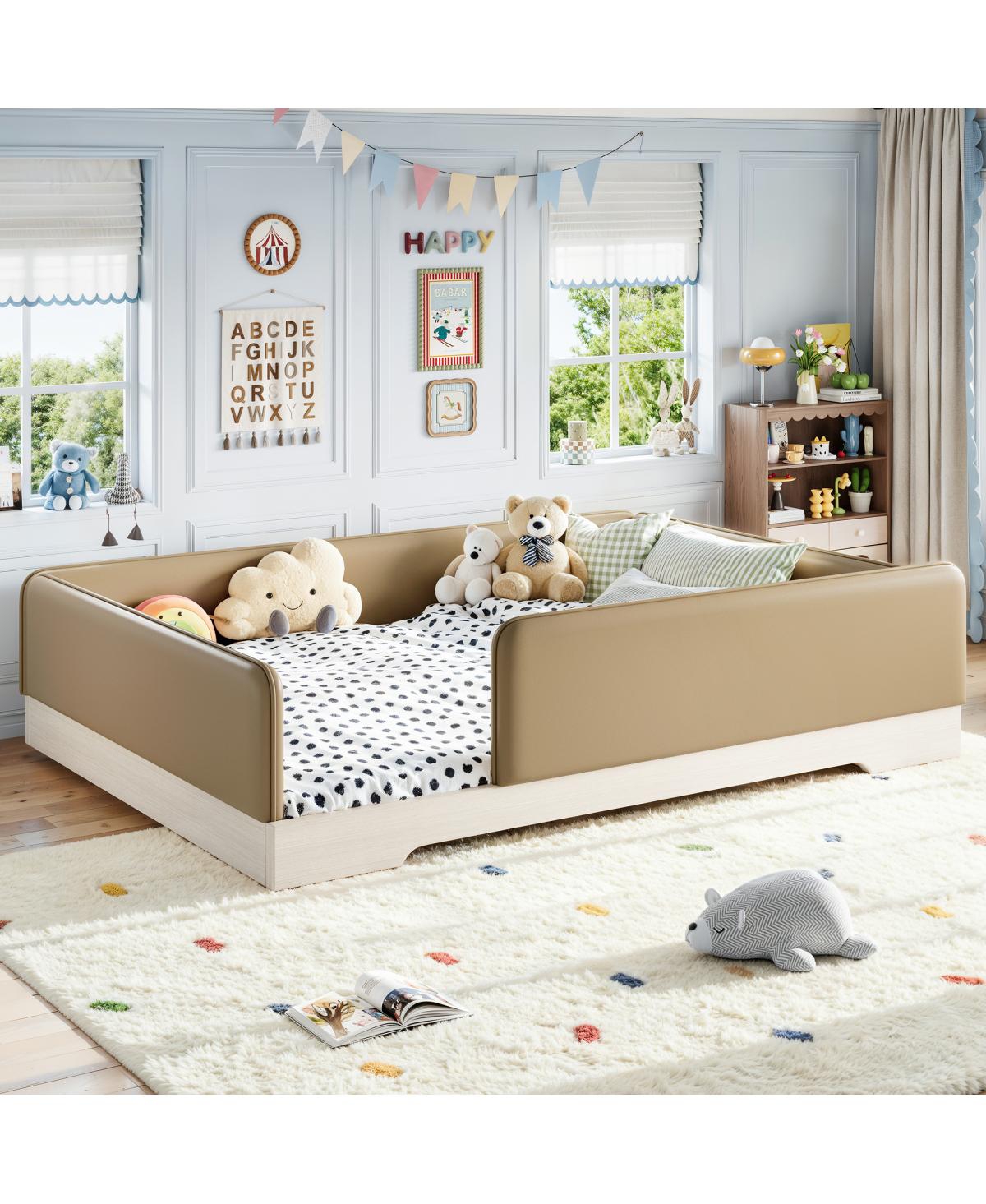 Streamdale Furniture Queen Upholstered Montessori Floor Bed with Guardrails