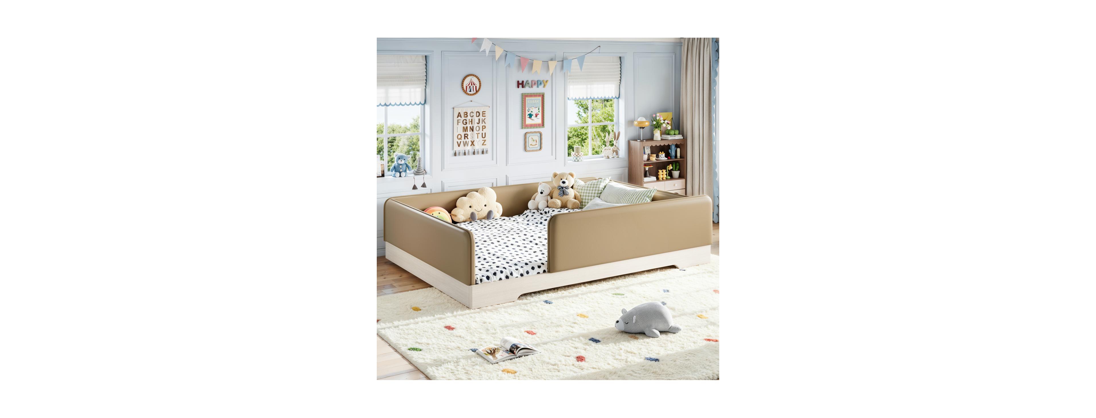 Streamdale Furniture Queen Upholstered Montessori Floor Bed with Guardrails
