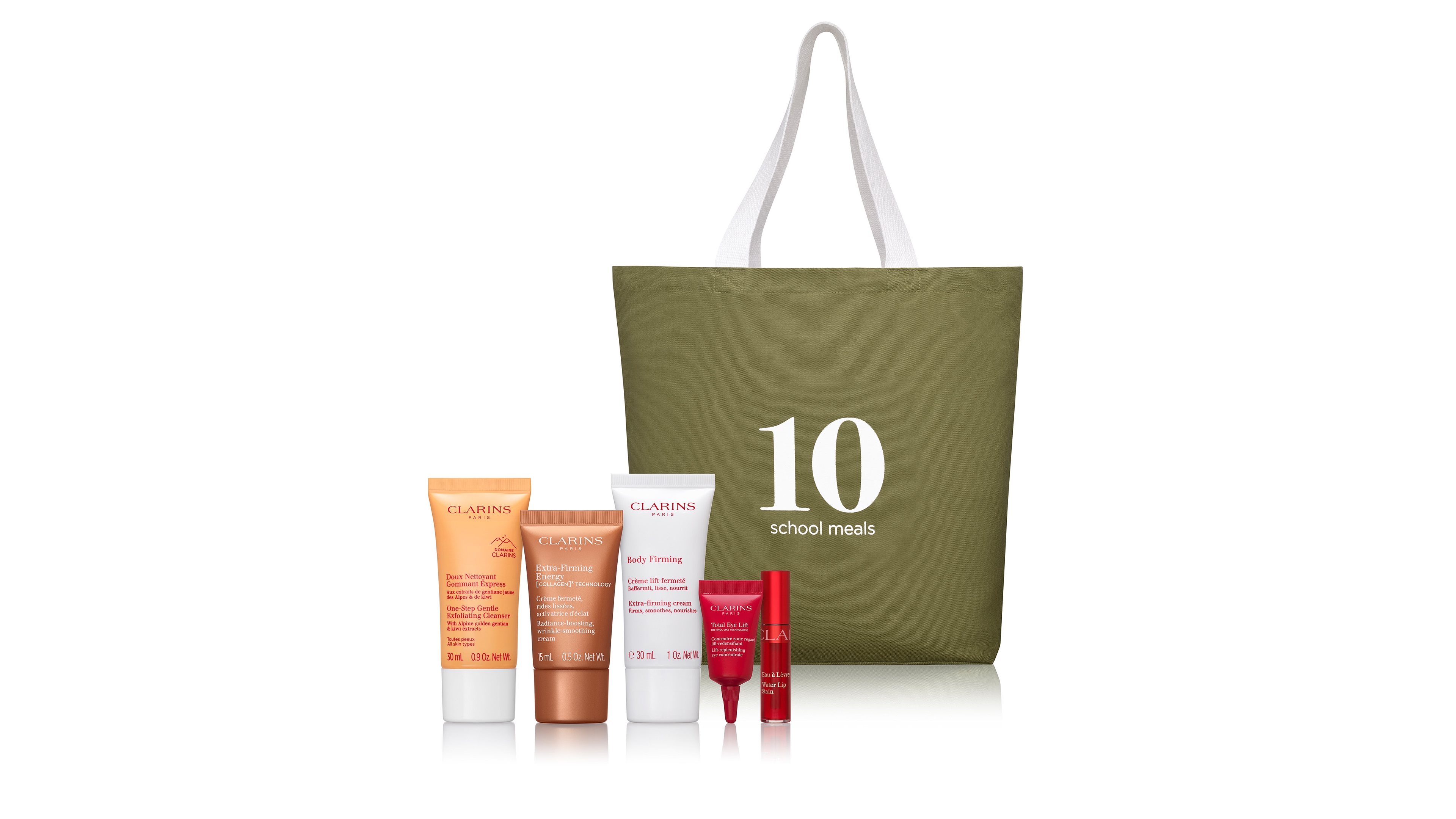 Free 6-Pc. gift with a Clarins purchase of $85 or more, and feed 10 Meals through Mary's