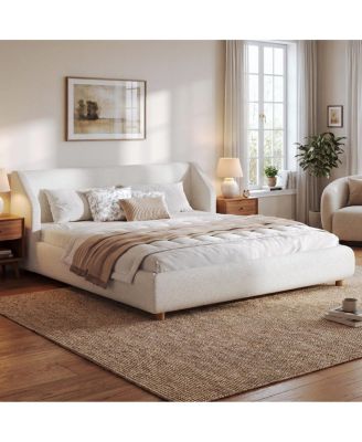 Modern Boucl King Size Upholstered Bed Frame with Wingback Headboard