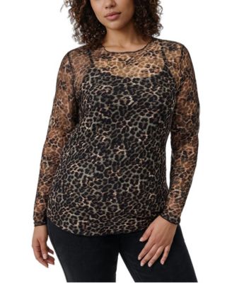 Plus Size Sheer Lace Long-Sleeve Crewneck Top