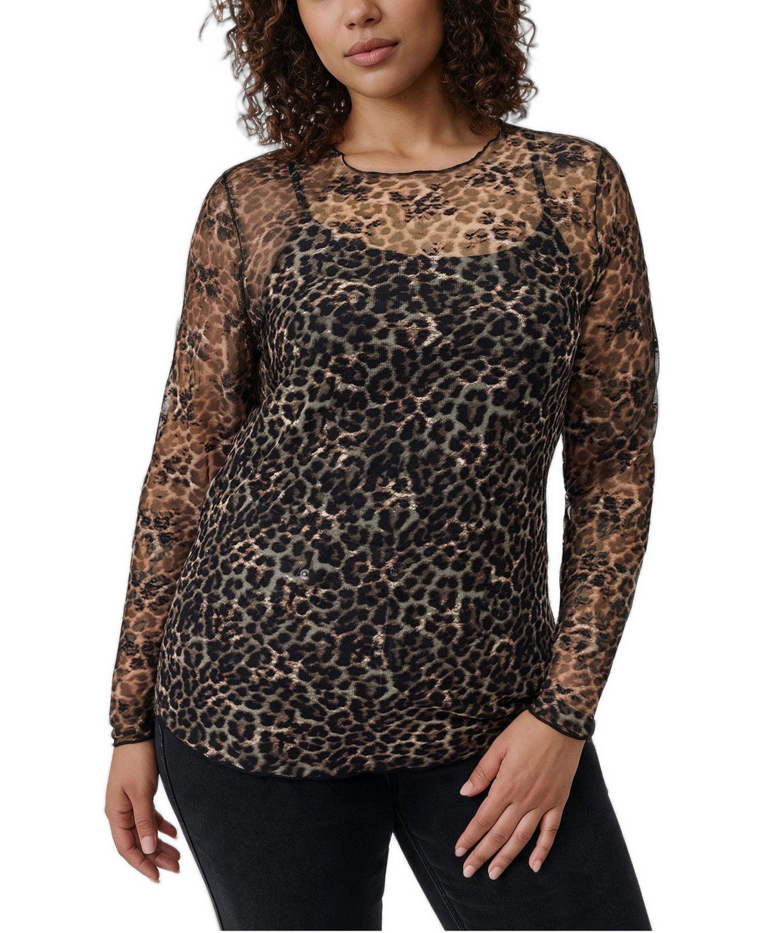 Women's Plus Size Sheer Lace Crew Long Sleeve Top