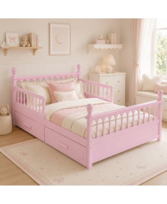 Wood Full Kids Bed Frame with Storage Drawers and Guardrails