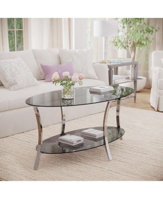 43.3 Modern Oval Glass Coffee Table with Double Shelf