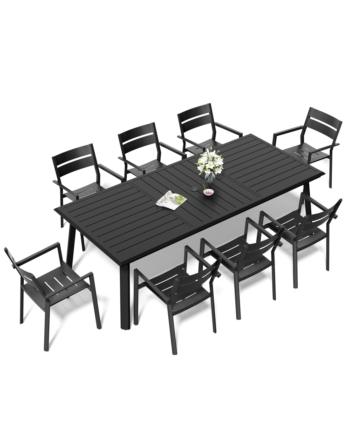 Pellebant Aluminum Outdoor Patio Dining Table With Umbrella Hole And Stackable Chairs Set