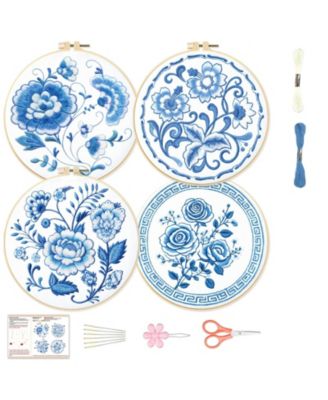 Beginner Embroidery Kit Cat Butterfly Flower Pre Stamped Pattern with Hoop Supplies