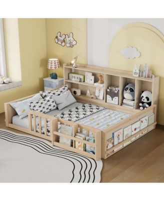 Streamdale Kids Wooden Full Floor Bed with Guardrail, Shelves and Storage, Natural