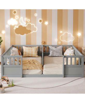  Double Pine Twin Floor Bed with Guardrails