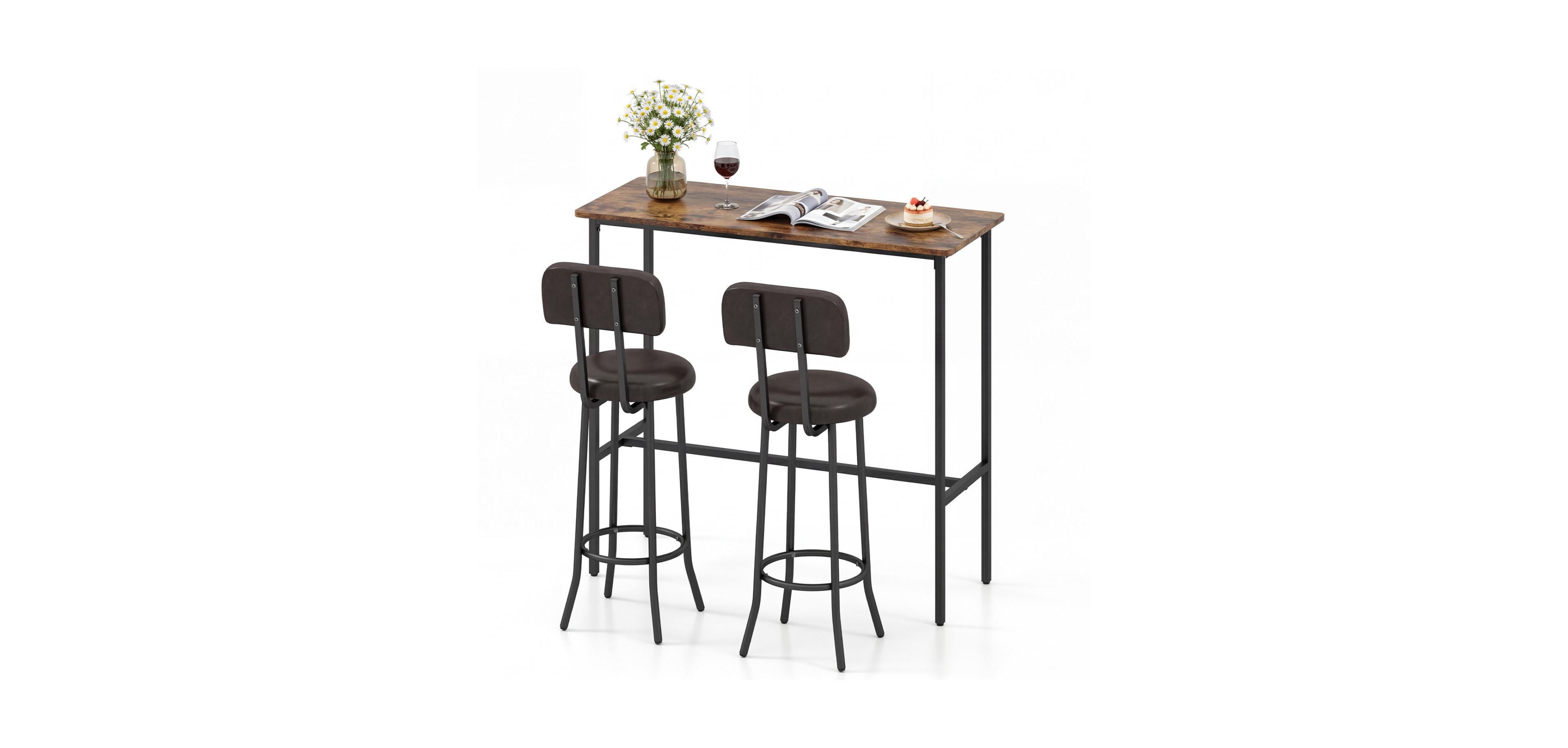 Mecale 3-Piece Industrial Bar Table Set with 2 Upholstered Stools and Footrests for Dining Room