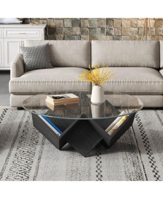 Round Glass Coffee Table with Geometric Base and Storage  35.4