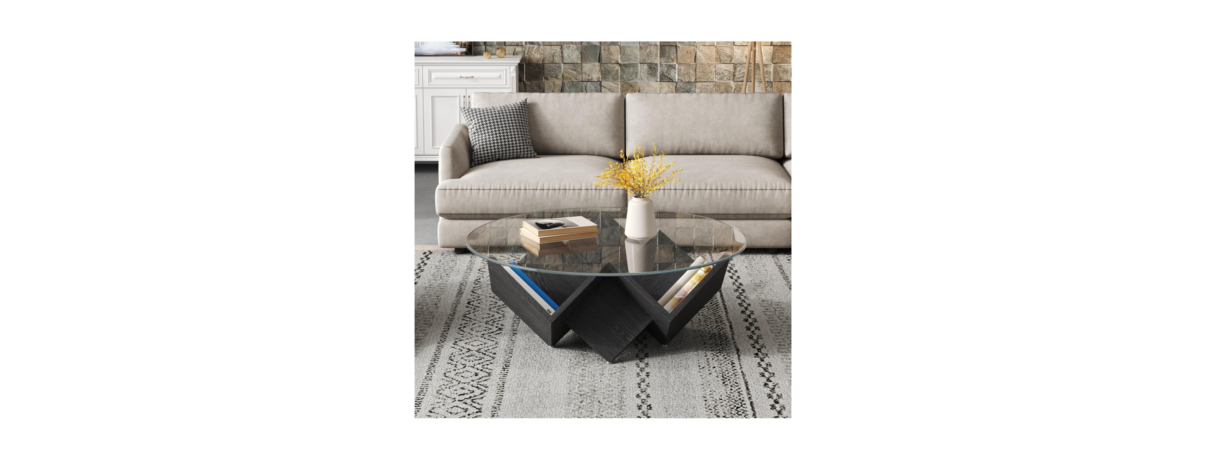 Streamdale Furniture Round Glass Coffee Table with Geometric Base and Storage 35.4