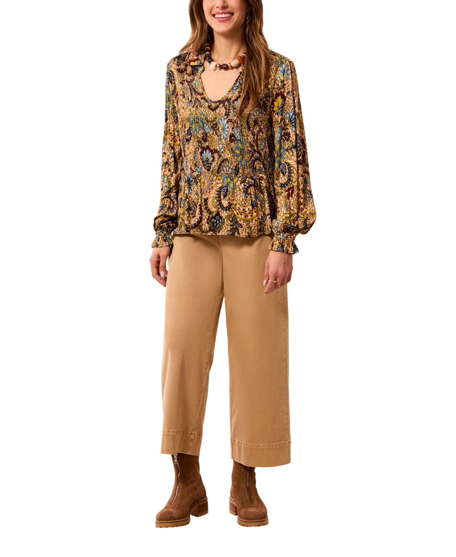 Women's Balloon-Sleeve Smocked Paisley-Print Blouse