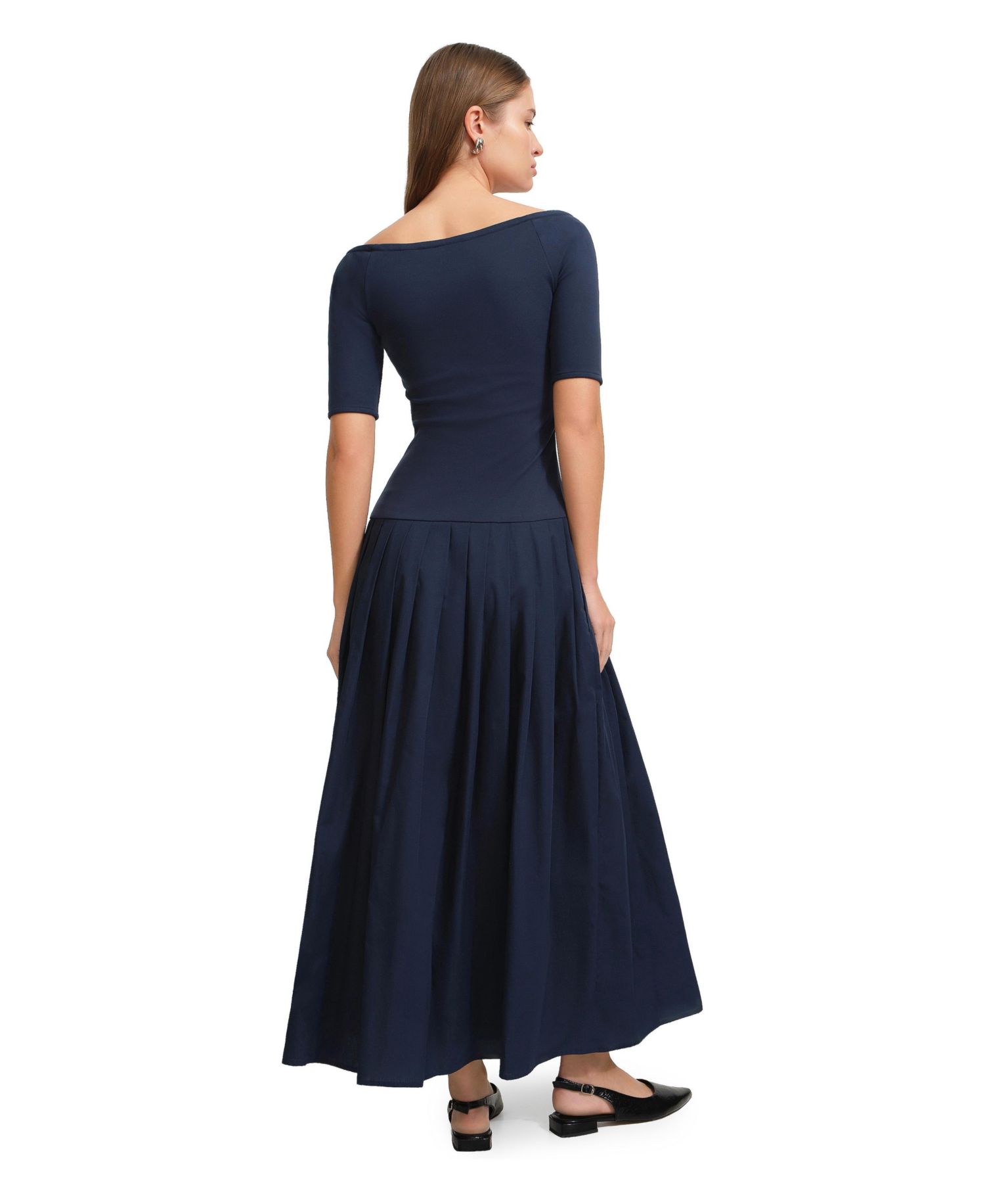 Women's Mila Off-Shoulder Dropped-Waist Pleated Cotton Dress with Pockets