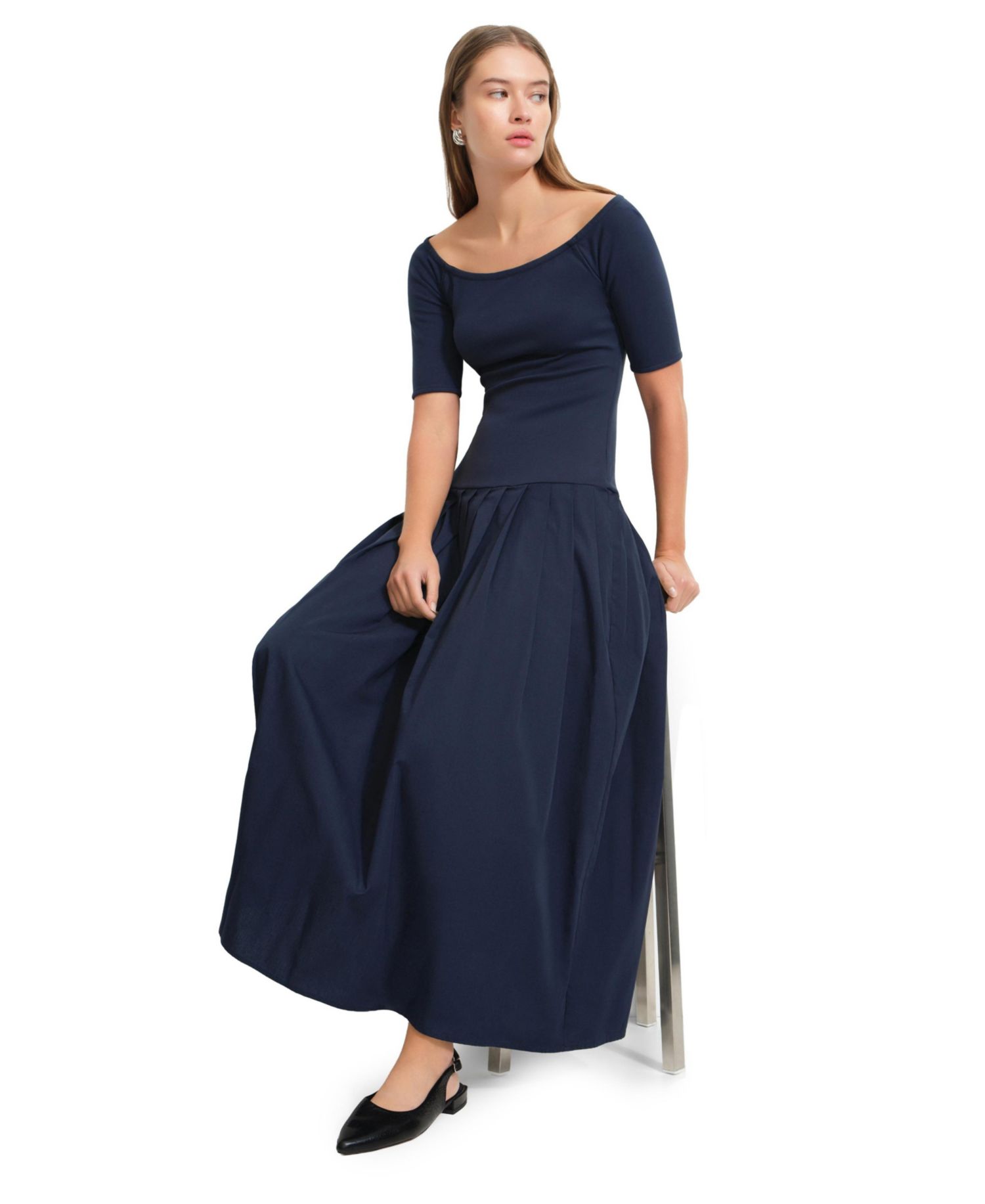 Women's Mila Off-Shoulder Dropped-Waist Pleated Cotton Dress with Pockets