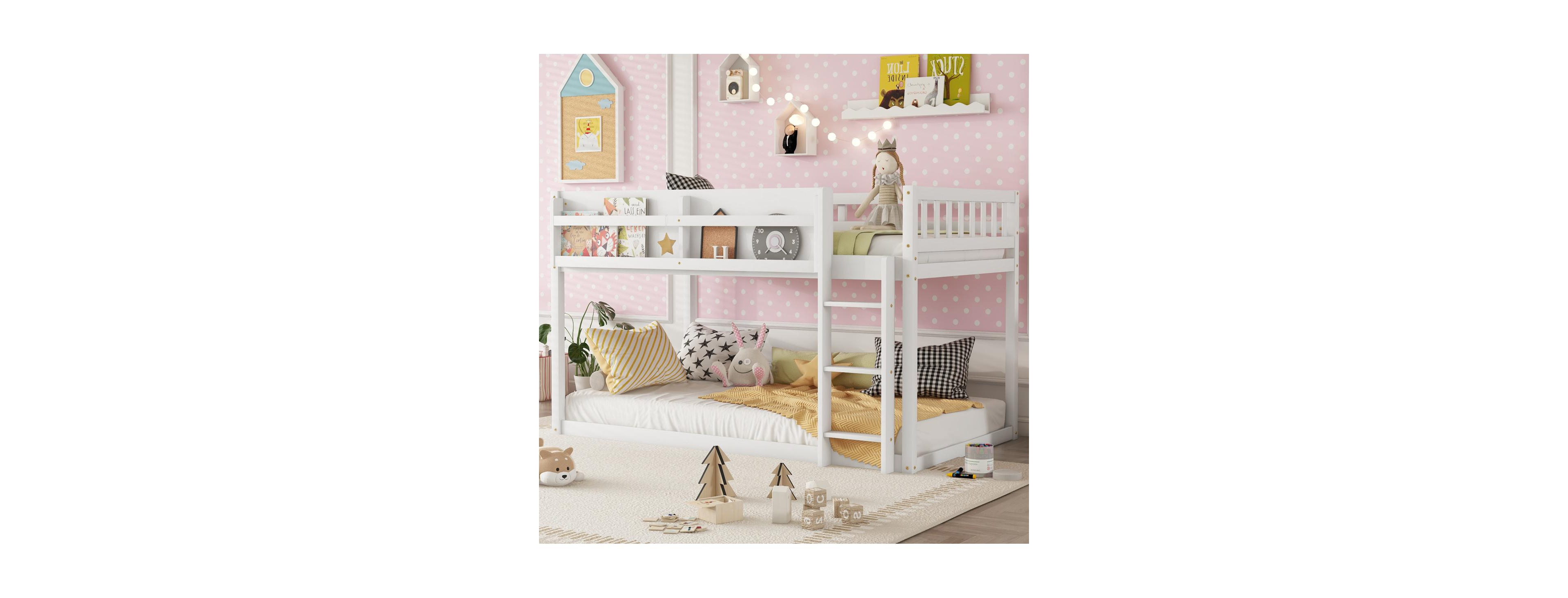Streamdale Furniture Streamdale Low Twin Over Twin Floor Bunk Bed with Ladder, Solid Wood