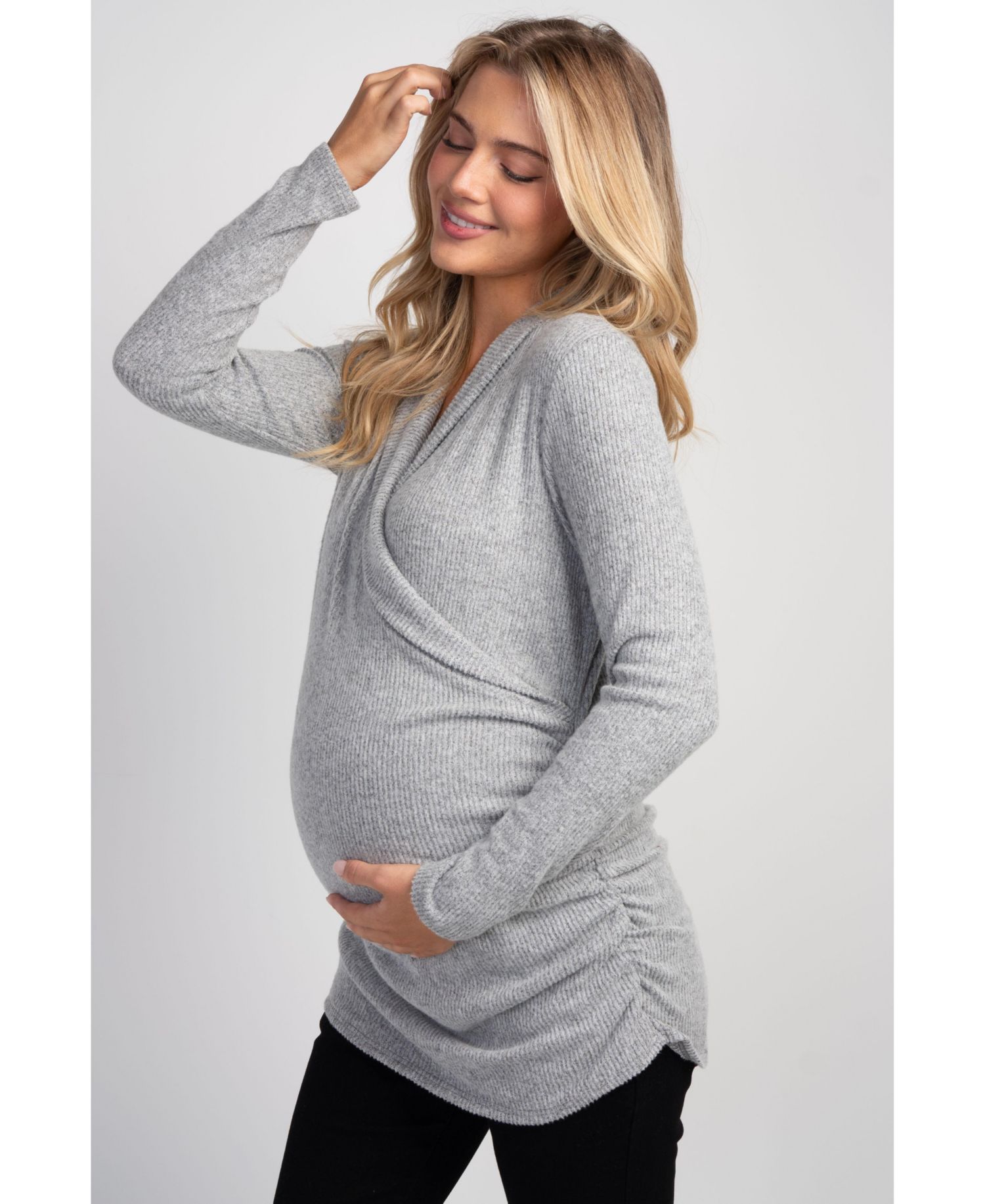 Maternity Nursing Ribbed-Knit Crossover V-Neck Long-Sleeve Top