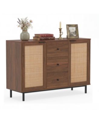 Sideboard Buffet Cabinet Rustic Farmhouse Coffee Bar Table with 2 Rattan Doors and 3 Drawers