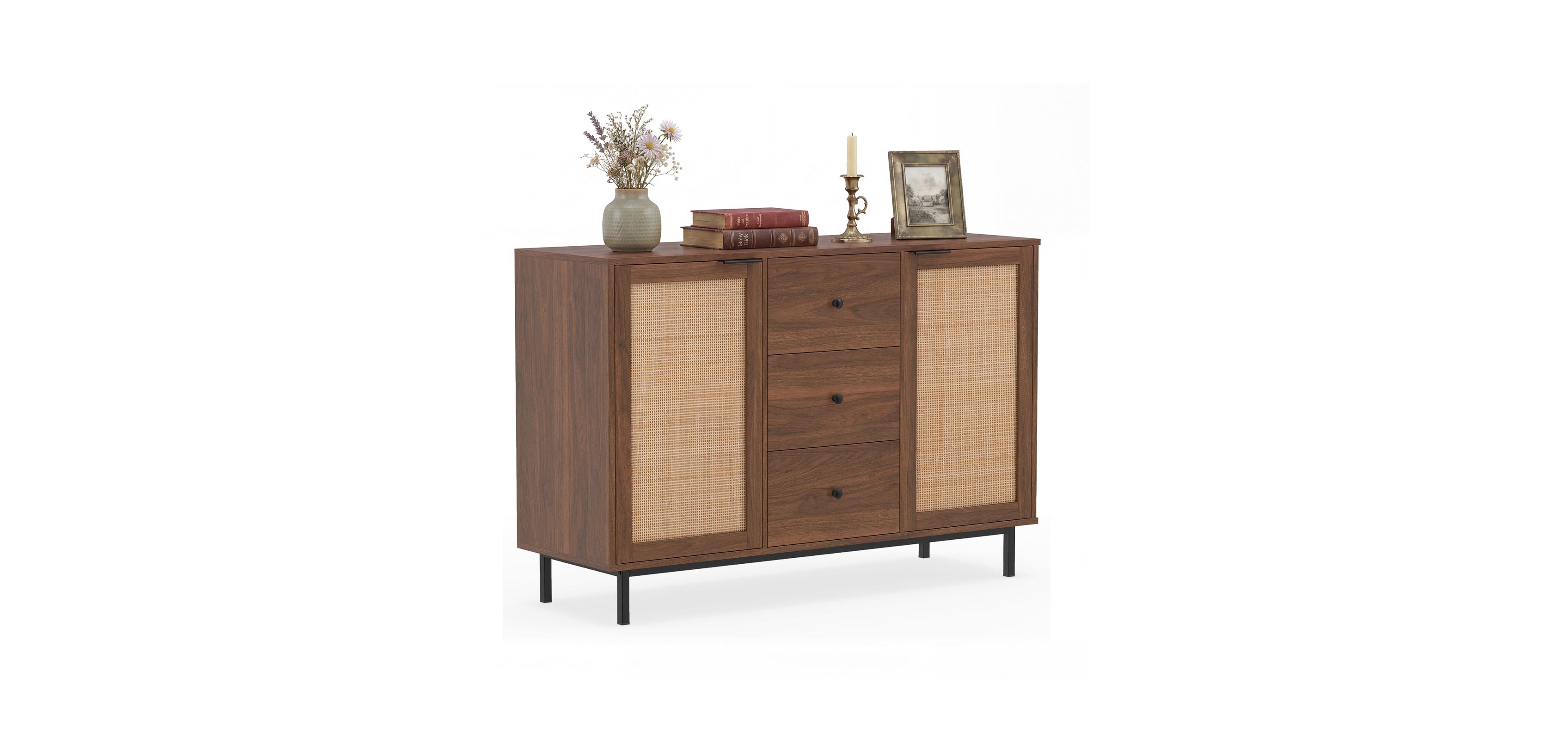 Mecale Sideboard Buffet Cabinet Rustic Farmhouse Coffee Bar Table with 2 Rattan Doors and 3 Drawers