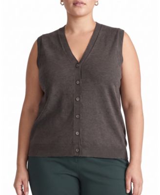 Plus Size Tailored V-Neck Fine Gauge Knit Faux Button Sweater Vest