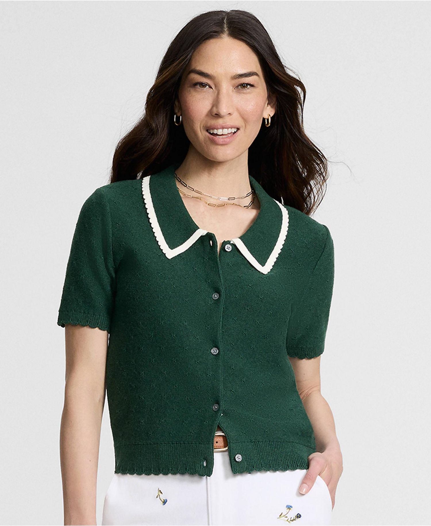 Women's Drifter Collared V-Neck Short-Sleeve Scalloped Cardigan