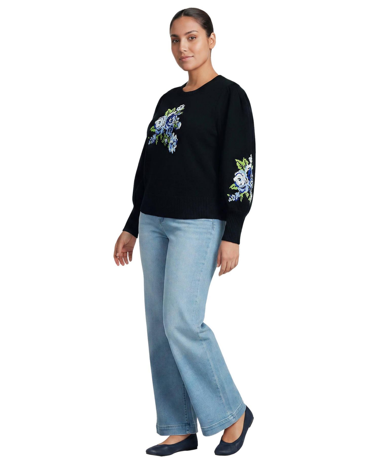Plus Size Drifter Puff Sleeve Jacquard Crewneck Sweater
