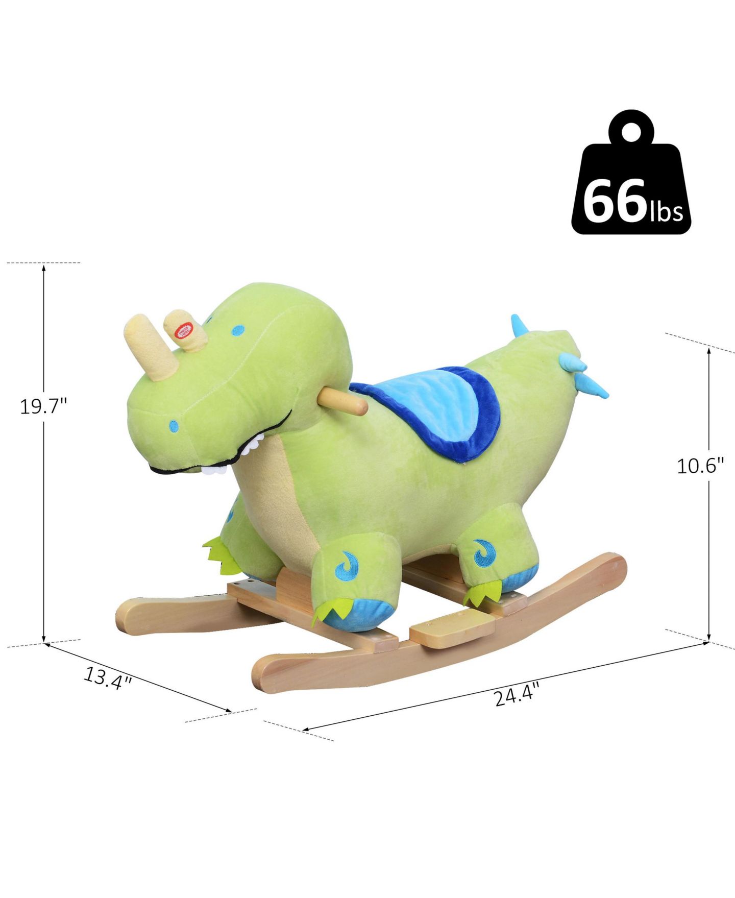 Детская мягкая игрушка Glintex Plush Ride-On Rocking Dinosaur with Realistic Sounds, 17.75" H, Wooden Base, Rocker, Holds 66 lbs, Ages 18 Months+, цвет: Зелёный — фото 3