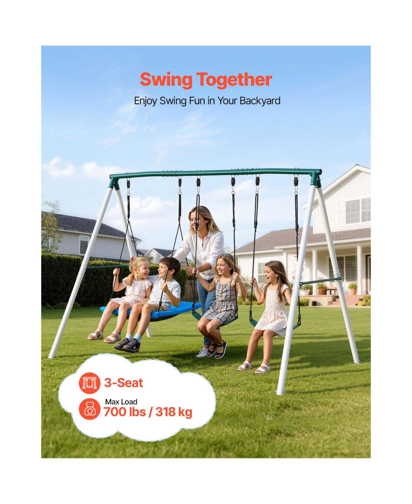 Детские игрушки Glintex Backyard A-Frame Swing Set, 700 lb Capacity, Three Seats, Ages 3+, цвет: Зелёный — фото 2