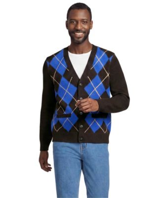 Men's Long Sleeve Fuzzy Argyle Cardigan Sweater