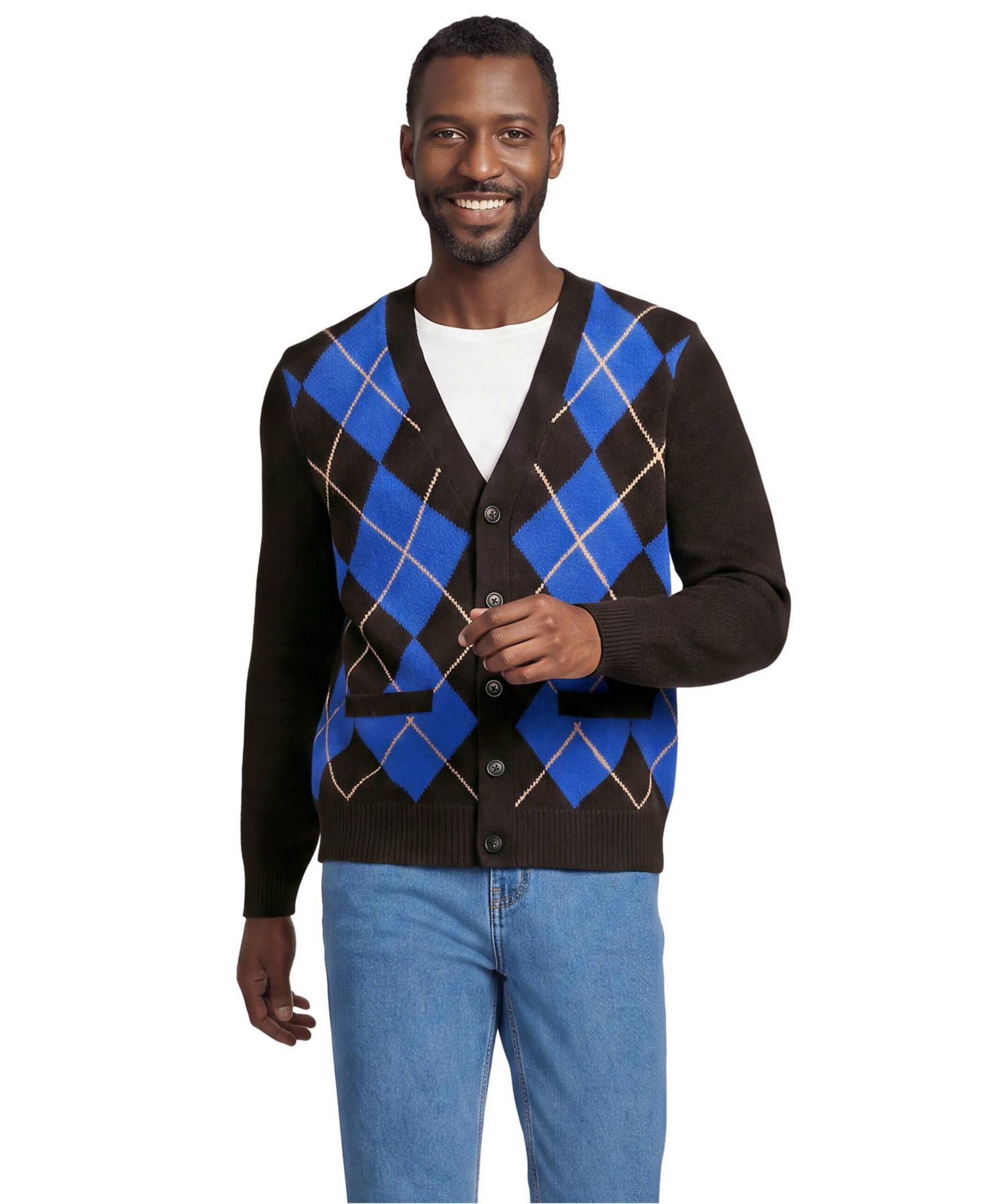 Men's Long Sleeve Fuzzy Argyle Cardigan Sweater