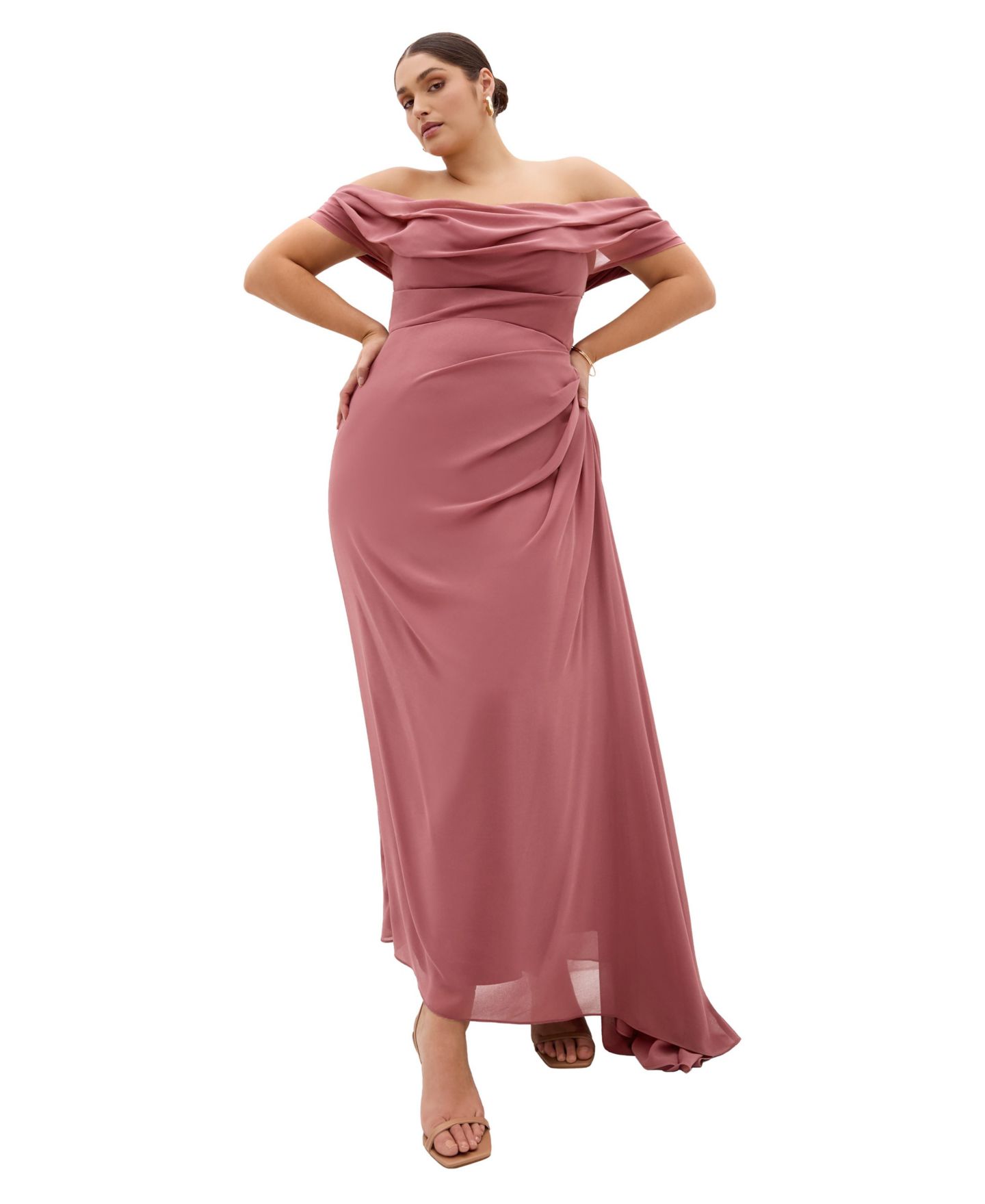 Женское платье CITY CHIC Plus Size Soft Love Off-Shoulder Gathered-Drape Bodice Maxi, цвет: Розовый — фото 1