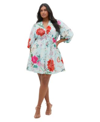 Plus Size Flora Print V-Neck Balloon-Sleeve Mini Dress