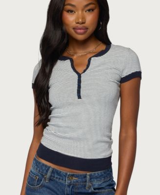 Women's Regin Striped Ribbed Henley Top