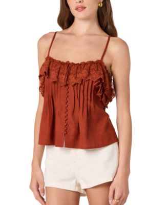 Women's Ruffled Lace Trim Straight Neck Tank Top