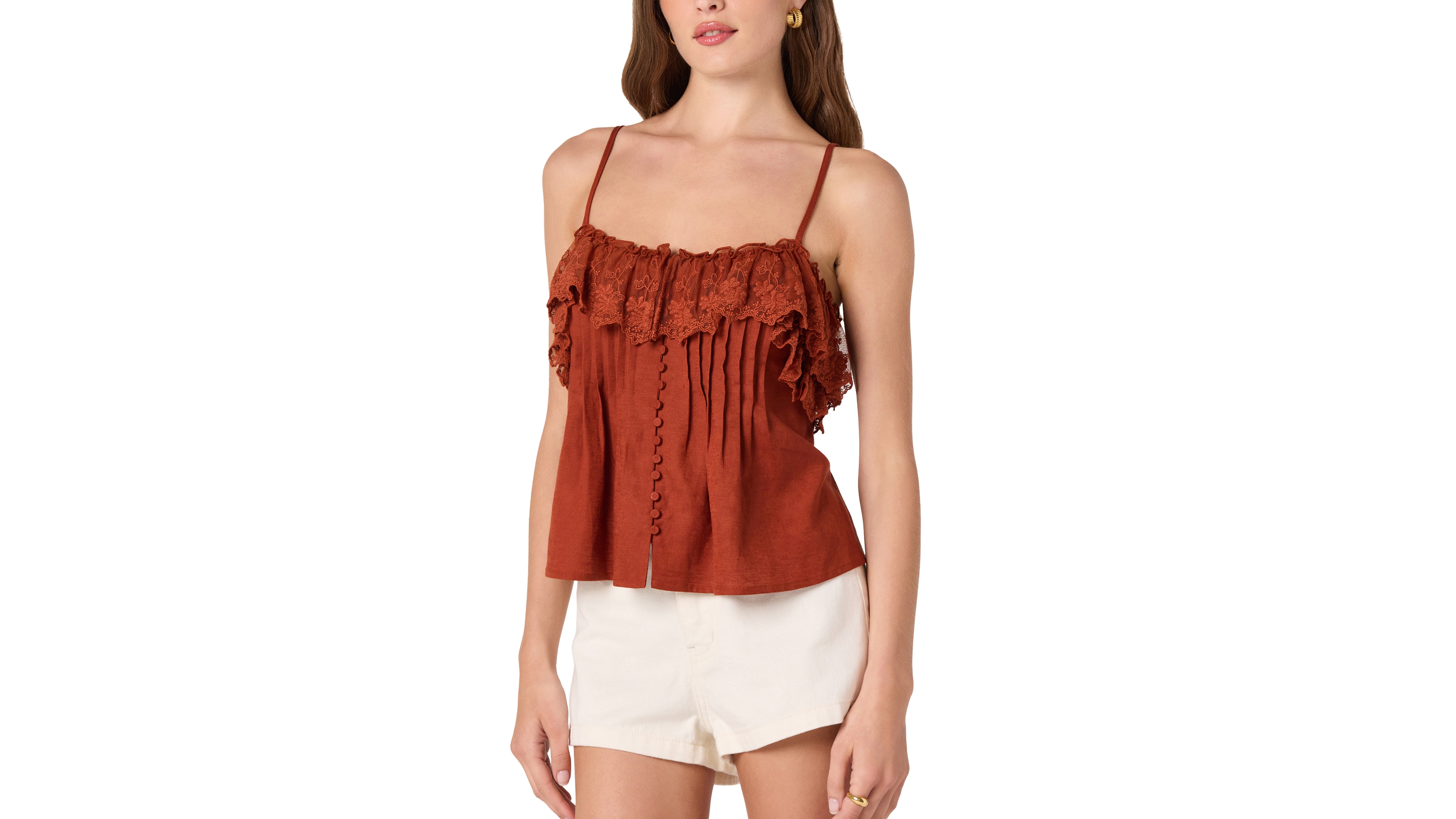 Astr the Label Women's Ruffled Lace Trim Straight Neck Tank Top