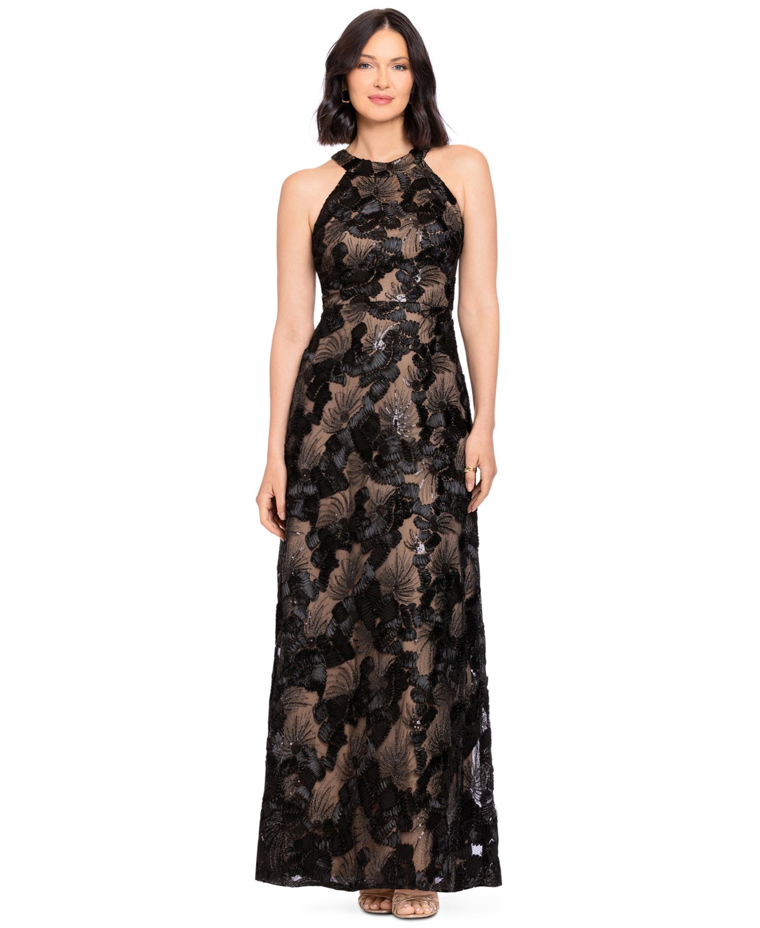 Petite Sequined Soutache Halter Gown
