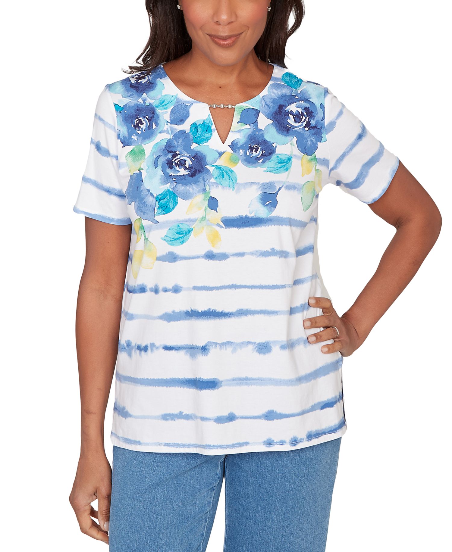 Petite Striped Floral Split Neck Top